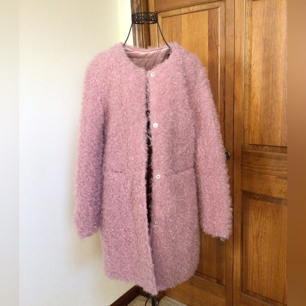 Via Spiga Reversible Curly Fun Fur Car Coat, Small, Dusky pink